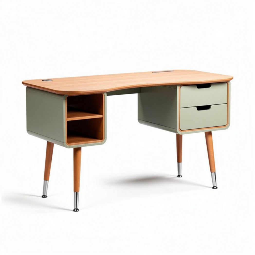 Houten bureau met groene lades en open opbergruimte 120 x 60 x 75cm