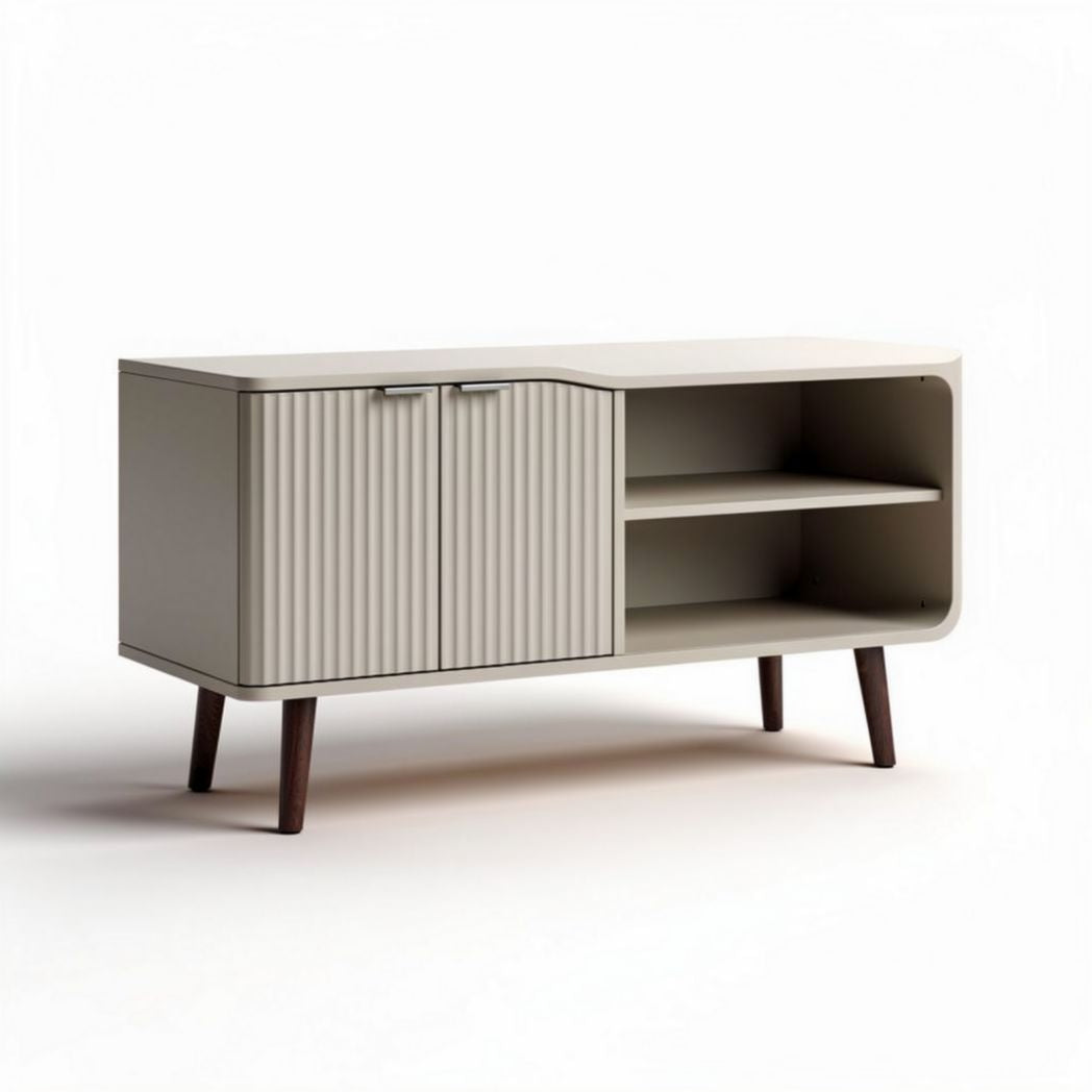 Kast van MDF met geoliede houten poten en geribbelde deuren 150 x 40 x 60cm