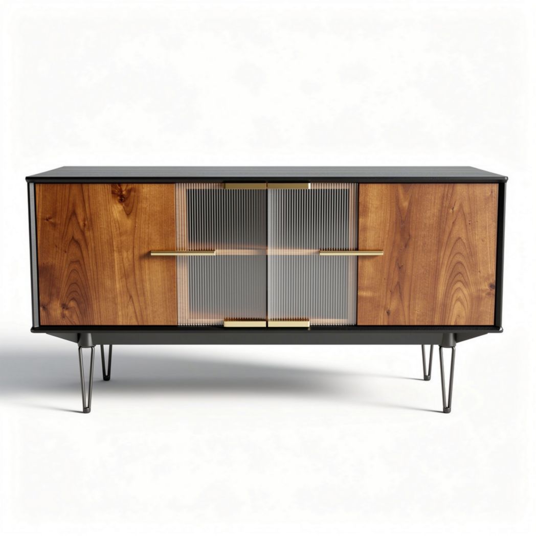houten kast met metalen poten en glazen deuren 120 x 40 x 50cm