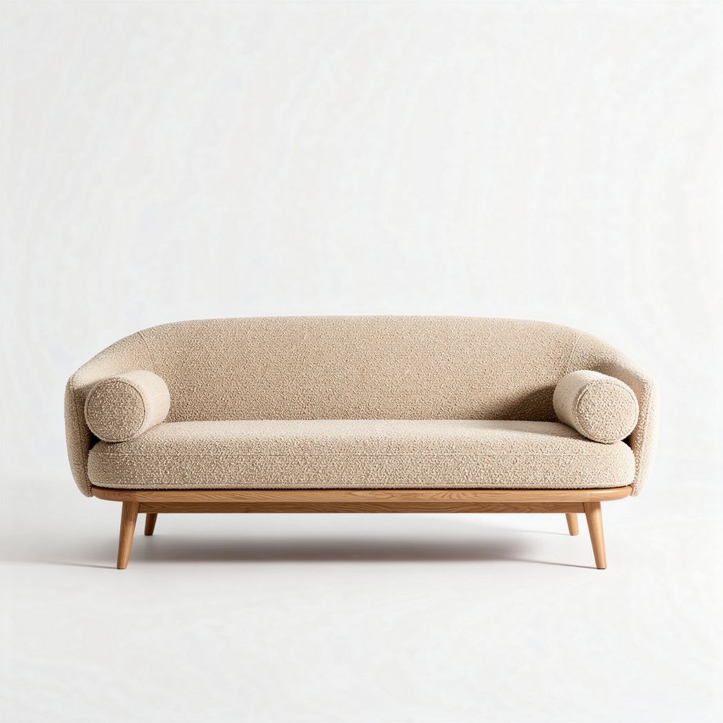 Beige bank met houten poten en ronde armleuningen 200 x 90 x 80cm