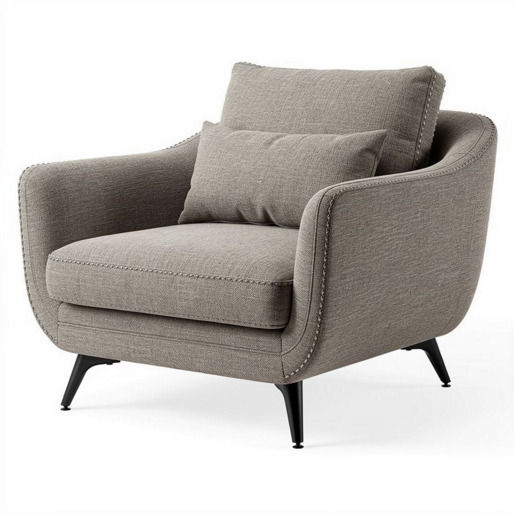 Grijze fauteuil met kussen van stof en zwart metalen poten 80 x 90 x 85cm