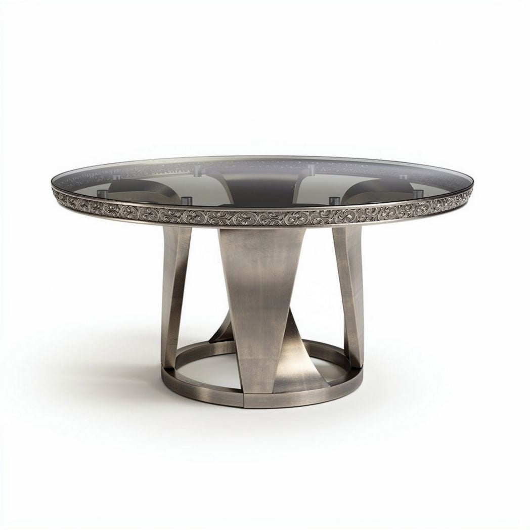 Ronde eettafel van glas met metalen basis en versierde rand 120 x 120 x 75cm